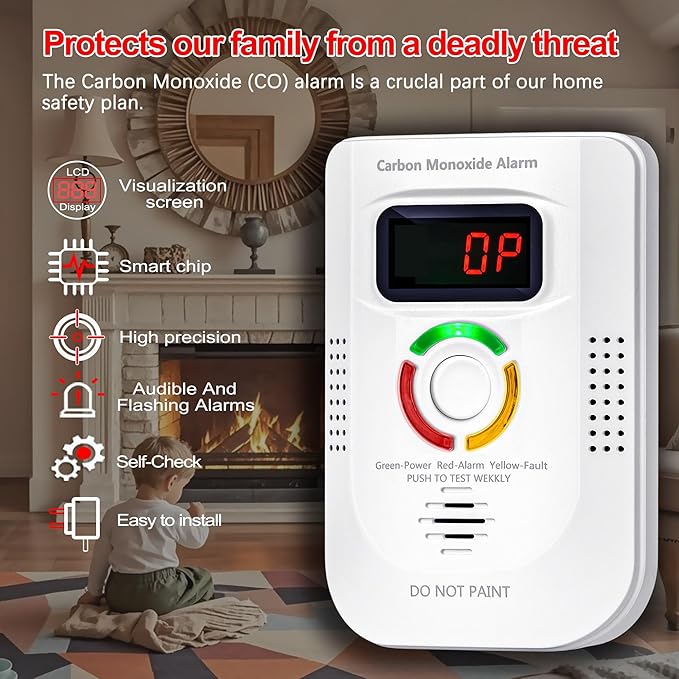 Carbon Monoxide Detectors Plug in, Alarm with Digital Display, Audible and Visual Alert, Self-Test Function for Home/Kitchen/Bedroom Co Detector