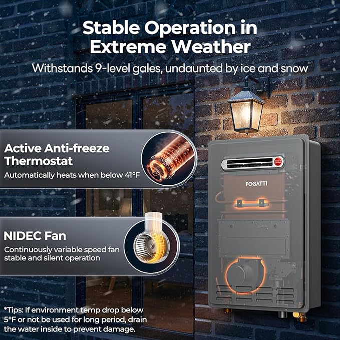 FOGATTI Propane Gas Tankless Water Heater Outdoor - Max 8.1 GPM 180,000 BTU, CSA Certified Compact Design On Demand Instant Hot Water Heater - Instagas Comfort 180S Series