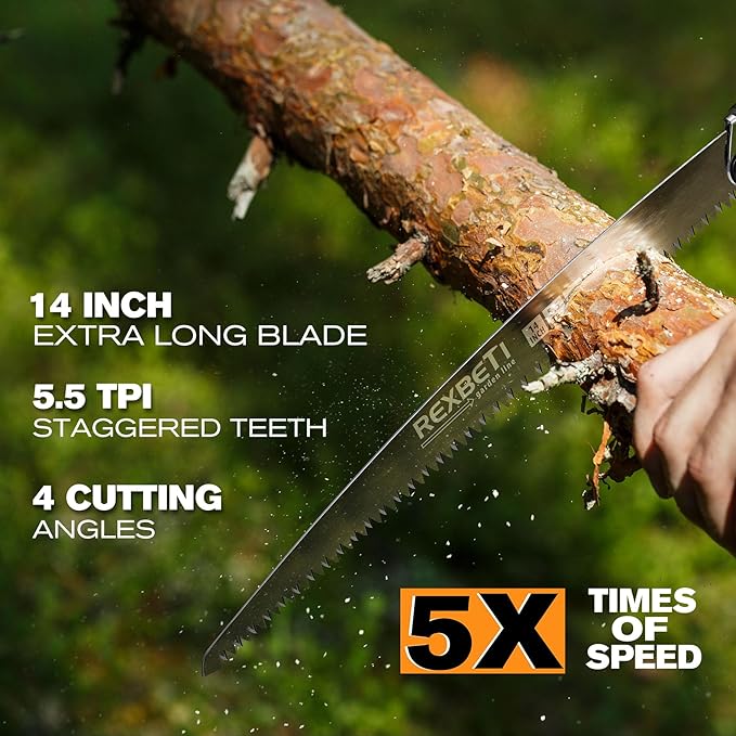 REXBETI Folding Saw, 14 Inch Blade for Dry Wood Trimming and Pruning, 4 Cutting Angles, SK-5 Steel