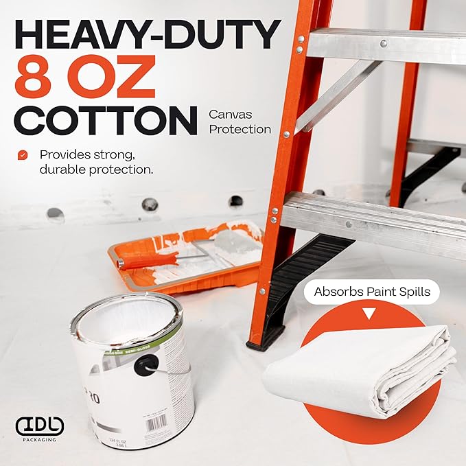 Canvas Drop Cloth 4' x 12' (48 sq.ft.) - Reusable & Eco-Friendly Painters Drop Cloth for Furniture, Surfaces & Floor Protection - 100% Recycled Cotton Canvas Tarp for Home Renovation by IDL Packaging