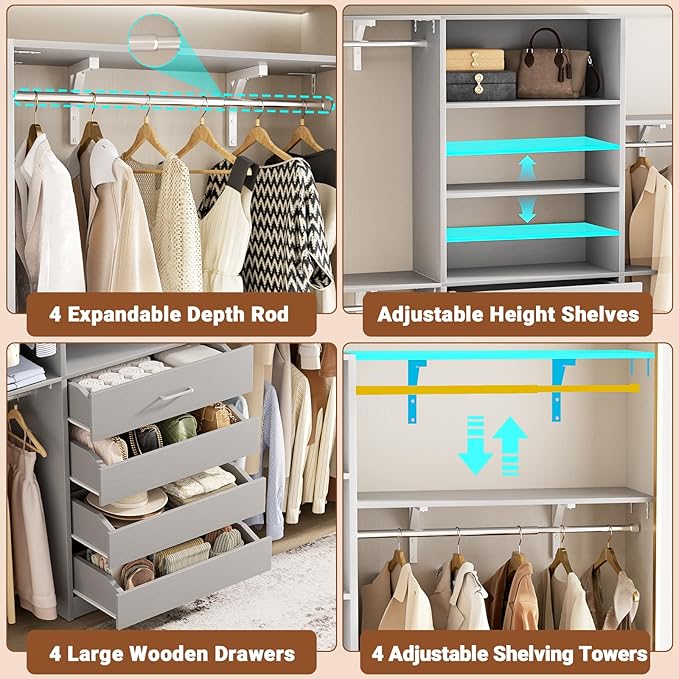 Aheaplus Closet System with 4 Drawers, 8FT Wood Closet Organizer System, 96’’ Closet Built In System Tower with Shelves, Walk-in Closet Wardrobe Clothes Garment Rack, Fits Spaces 4-9 ft, Grey1
