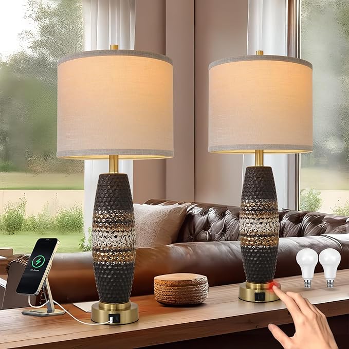 Terpsichore 3 Way Dimmable Farmhouse Table Lamps Bedroom Touch Bedside Lamp Modern Glazed Ceramic Lamp 2 Set with Fabric Shade,USB Type-C Port for Bedroom,Reading,Desk,Living Room,Office