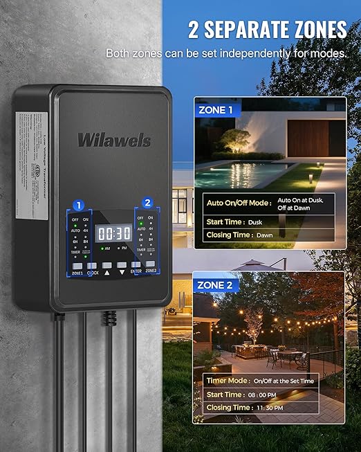 600W Low Voltage Landscape Transformer, 2 Zone Independent Control Landscape Lighting Transformer, 120VAC to 12/14V AC Low Voltage Transformer with Timer & Photocell Sensor ETL Listed D25LT06