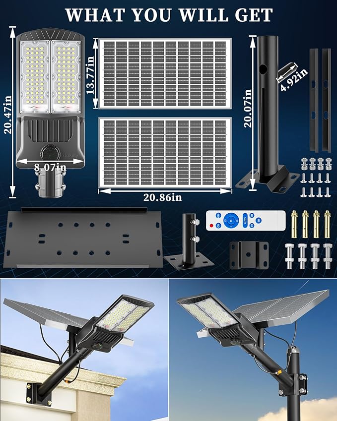 Gefolly SL-10000W Solar Street Lights Outdoor, 600000LM Commercial Parking Lot Light Dusk to Dawn IP67 Waterproof 6500K Security Flood Lights with Motion Sensor Lamp for Yard, Road