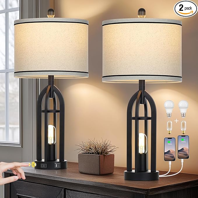 27" Farmhouse Table Lamps Set of 2 with USB A+C Charging Ports,3-Way Dimmable Touch Control Bedside Lamps with Nightlight,Vintage Modern Lamp for Living Room Bedroom with 2 Light Sources