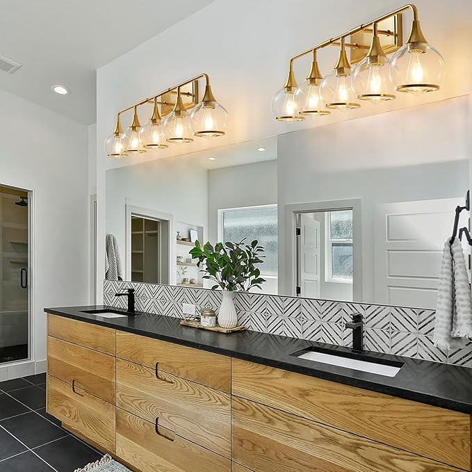 Gold Bathroom Vanity Light 5-Lights Bathroom Light Fixtures Over Mirror with Clear Glass Shade 39.2 inch Wall Sconce Lighting Bath(Exclude E26 Bulb)