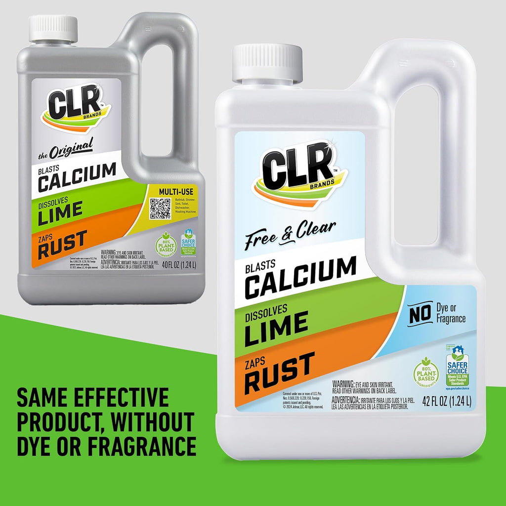 CLR Brands® Calcium, Lime & Rust Remover Free & Clear, No Dyes or Fragrances, Gentle Lime and Bathroom Descaler, Removes Hard Water Stains and Rust Deposits, 42 Oz Bottle (Pack of 1)
