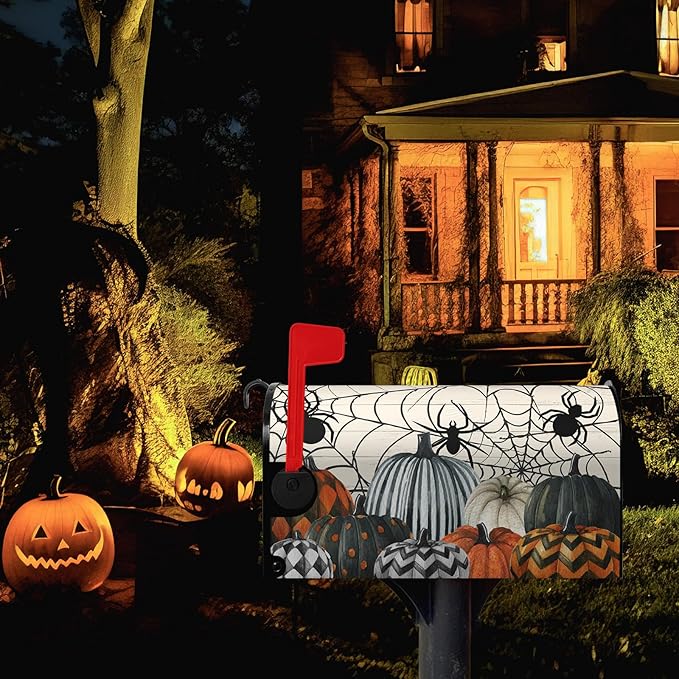 Halloween Magnetic Mailbox Covers Overszied Fall Pumpkin Spiders Mailbox Cover Large Size Spooky Halloween Mail Box Post Cover 25.5 X 21 Inch Seasonal Decor for Outdoor Garden Yard