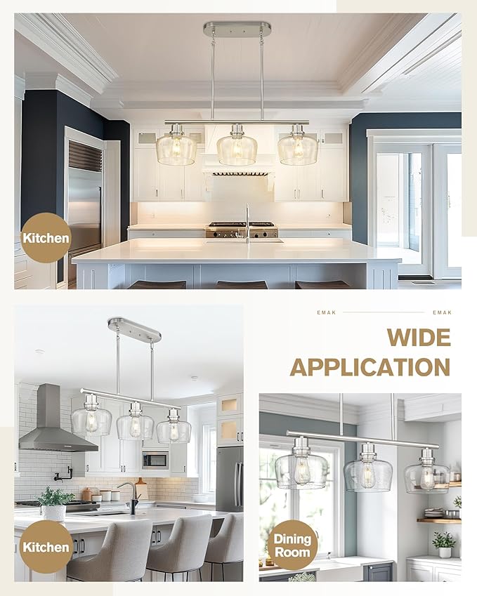 Emak 32 Inch Dining Room Light Fixtures Over Table, Brushed Nickel Kitchen Island Lighting with Seeded Glass Shade, 3-Light Linear Chandelier Light for Kitchen Island, Dining Room, Bar, IL122-BN-SG-3