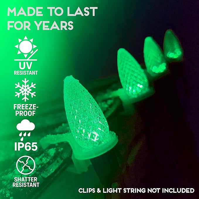 HLO Lighting Set of 500 Green C9 Faceted LED Christmas Light Bulbs for Indoor & Outdoor Use | Durable Replacement Bulbs
