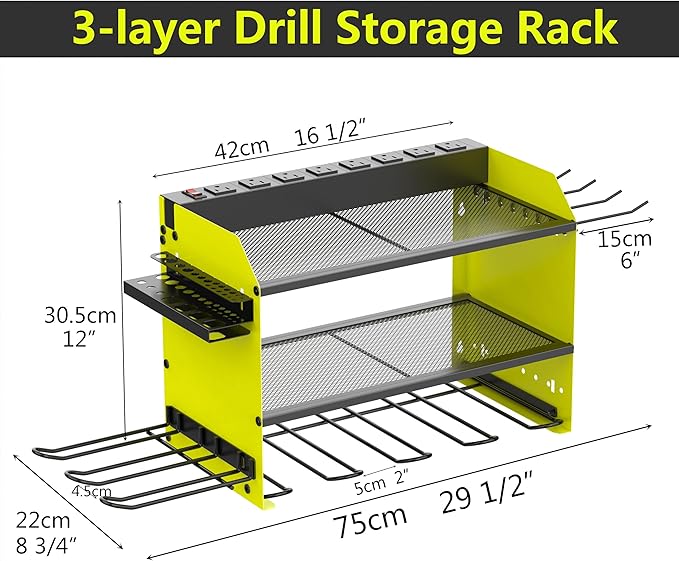 Wall Mount Drill Storage Rack with Charging Station Power Tool Organizer Drill Holder Drill Bit Organizer for Garage Workshop Holds 4 Drills with 8 Outlet Power Strip Christmas Gift(Green Three Layer)