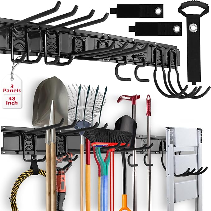 48" Heavy Duty Garage Wall Organizer, Wall Mount Tool Storage Rack with Adjustable Hooks, Garden Tool Organizer Hold Up to 300lbs, Easy Installation (3 Panels, 8 Hooks, 3 Straps)