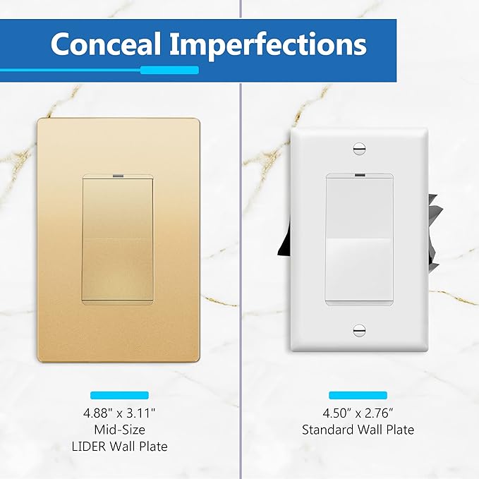 LIDER Matte Finish Decorator Switch Cover, Screwless Wall Plate, Mid-Size 1-Gang 4.88" x 3.11", Unbreakable Polycarbonate Thermoplastic, UL Listed, LSWP-31M-GD5P, Gold, 5 Pack