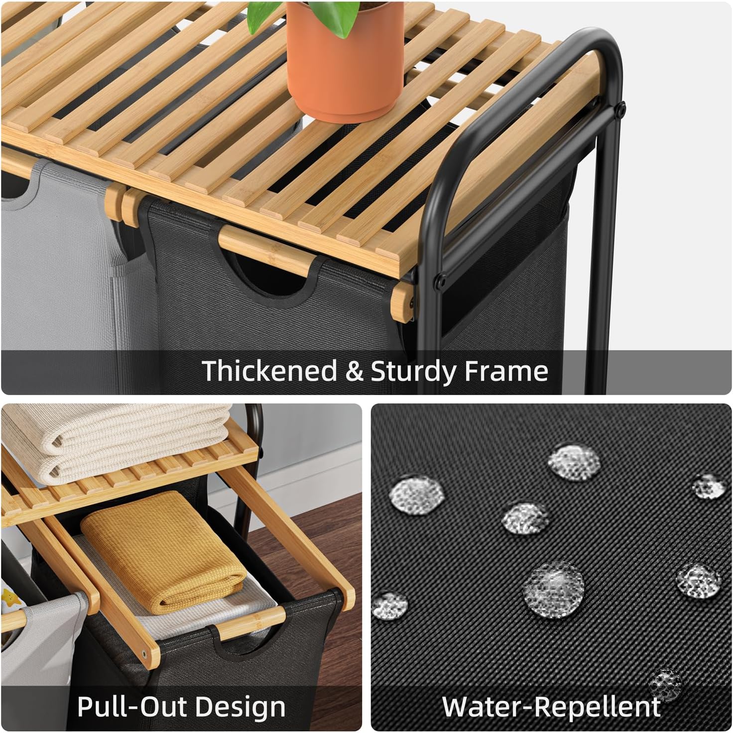 Laundry Hampers 3 Section, Laundry Sorter with Removable Shelf and Pull-Out Bags, Clothes Hampers with Wheels Rolling Cart Basket for Laundry Room Bathroom, 3 x 40 L (Black White Gray)