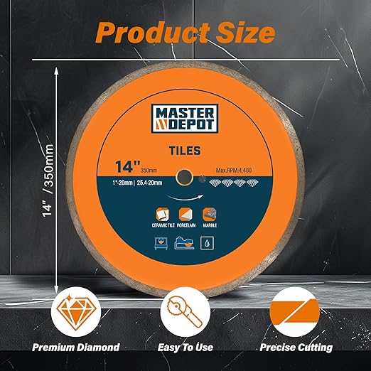 14" Continuous Rim Diamond Blade, Cutting Blade for Ceramic and Granite Tiles, Wet Cutting Blade with 7/8" Arbor Hole