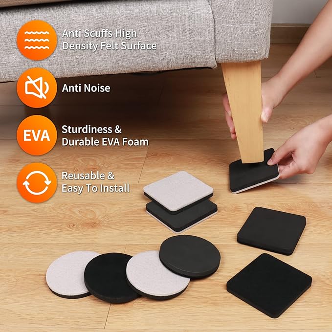 Ezprotekt 3.5" Felt Furniture Movers Sliders for Hardwood & Vinyl Floors, 16 Pcs Round Reusable Felt Furniture Moving Pads for Heavy Duty Sofa Bed Couch Cabinet, Move Items and Quickly (Beige)