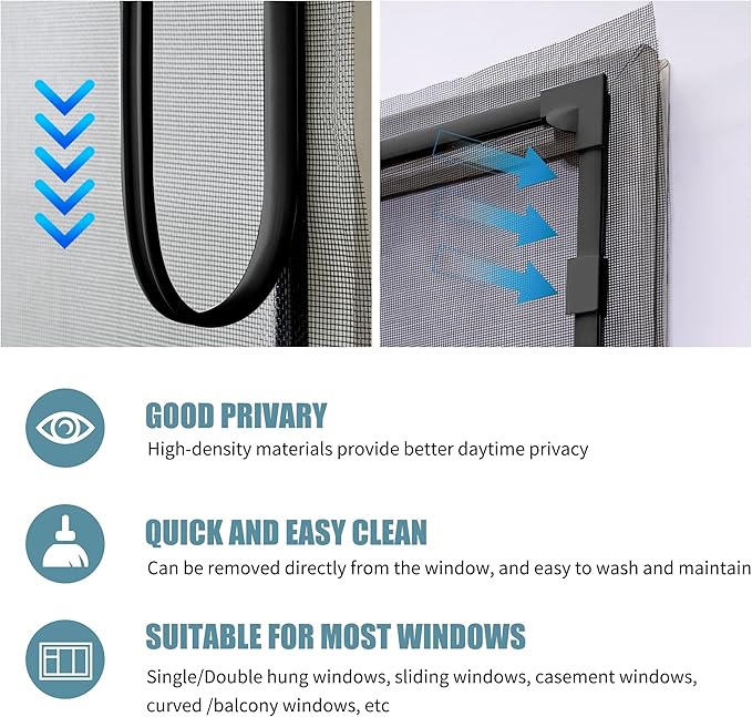 DIY Magnetic Window Screen Replacement Adjustable Mesh Screen with Magnets Fits 72"Hx48"W Black Frames with Grey Fiberglass Screen