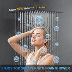 Shower Faucet Set, 10" Ceiling Mount Rainfall Shower System with 10'' Top Head+6'' Side Head and Multi-function Handheld Head Push Button Diverter Shower Faucet Trim Kit Matte Black