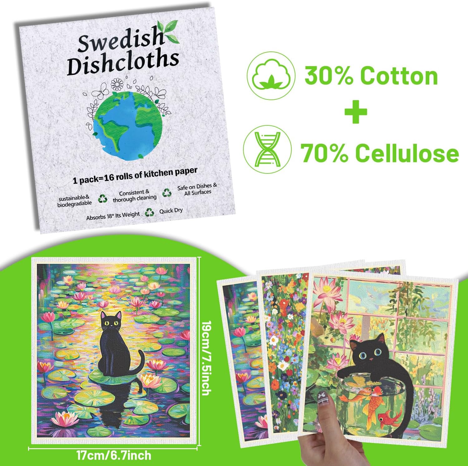 Swedish Dishcloths for Kitchen, 6 Pack Oil Painting Black Cat Reusable Paper Towels Washable, Absorbent Dish Rags for Washing Dishes Housewarming Gifts