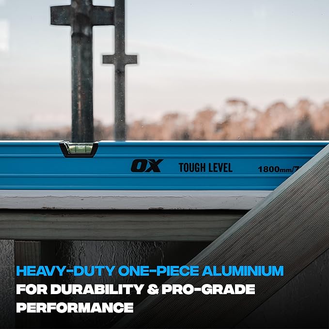 OX Tools OX-P503418 72-inch TUFF Level with Shock Resistant End Caps – Single Solid Piece Box Level Body to Keep Mud Out & Reinforced Vials 6 foot level Contractor Grade |Aluminum Box Level