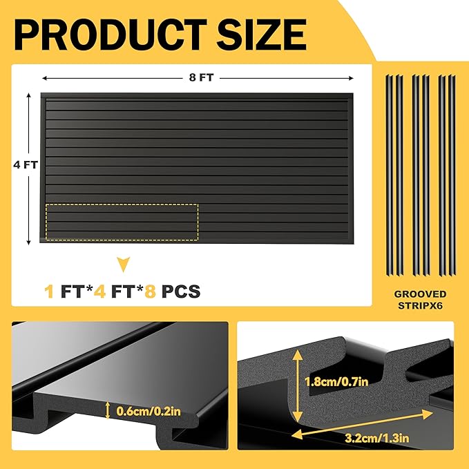 RORA Slat Wall Paneling Garage Slat Wall Storage Systems 4x8 ft Slatwall Black Heavy Duty Satwall for Tool Organization ,Pvc SlatWall Panels,Fits for Storage and Display