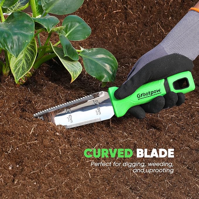 Grootpow GK01 Hori Hori Garden Knife, Full Tang Gardening Knife with 7.1" Stainless Steel Double-Edged Blade, Heavy Duty Gardening Hand Tool for Weeding and Gardening with Oxford Sheath - in Gift Box