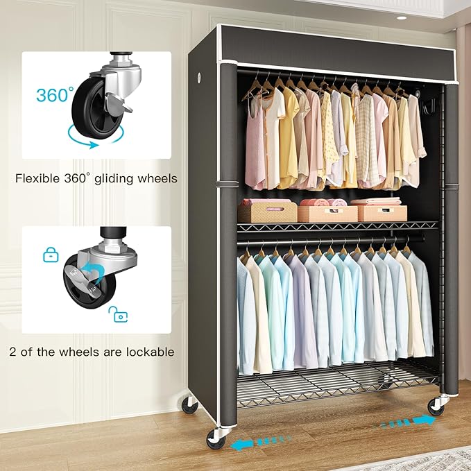 FUTASSI Black Clothing Rack with Black Cover, P1C Plus Rolling Closet with Wheels, Metal Garment Rack for Hanging Clothes, Clothing Storage Wardrobe, 46" W x 18.5" D x 80.7" H, Load 524 Pounds