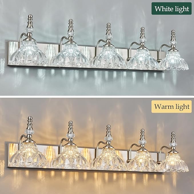 Vintage Bathroom Vanity Light, 5-Light Brushed Nickel Vanity Lighting Fixture with Flower Glass Shade, Bathroom Lighting Fixtures Over Mirror