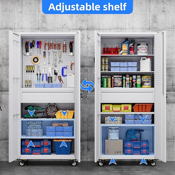71" H Garage Storage Cabinet with Wheels, Drawer, Pegboard and 16 Hooks, Metal Tool Storage Cabinet with Locking Doors and 2 Adjustable Shelves for Garage, Warehouse, Home, White
