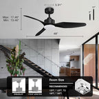 48” Smart Ceiling Fans with LED Lights Remote,Quiet DC Motor,Dimmable,Outdoor Indoor Modern Ceiling Fan Controlled by WIFI Alexa App,3 Black Blades for Bedroom Living Room Patio Porch
