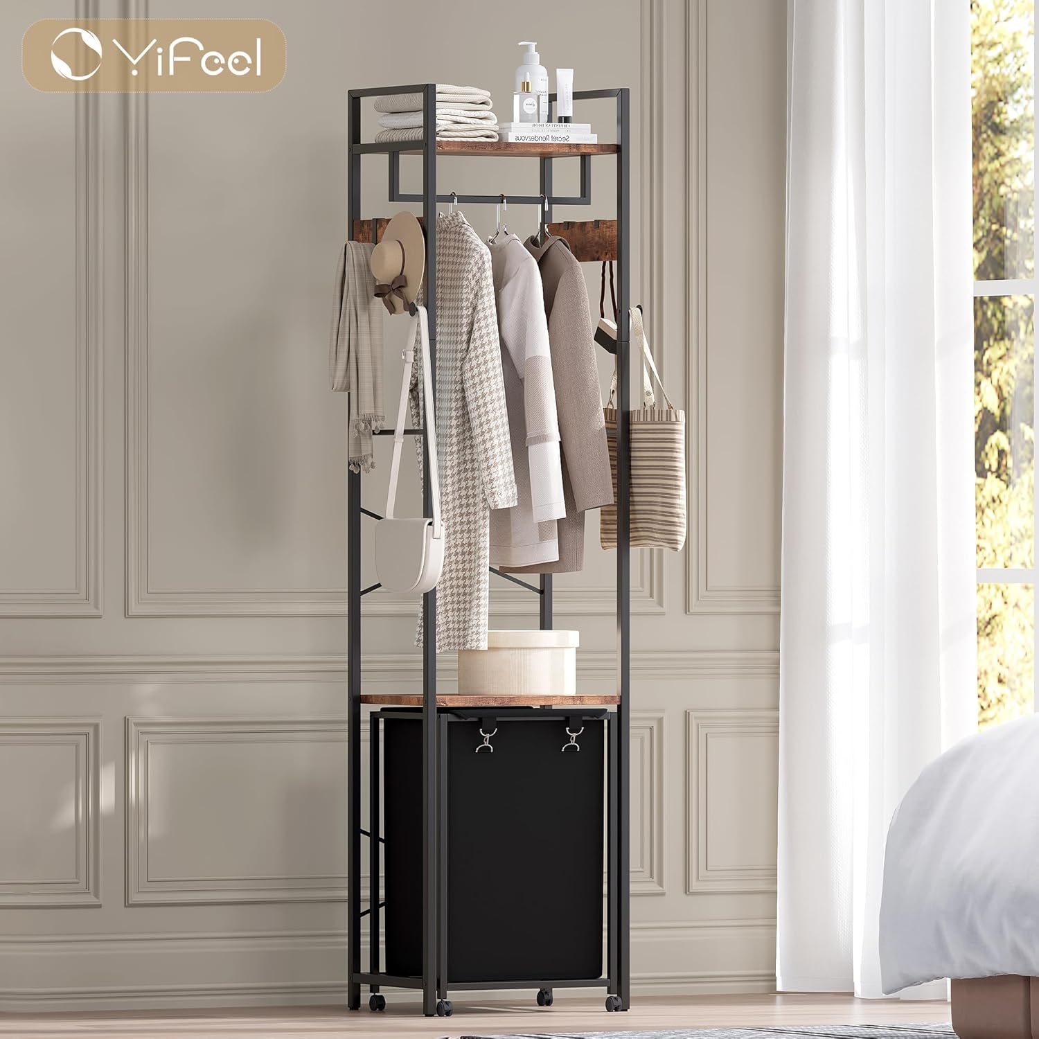 Coat Rack with Laundry Basket, Laundry Hamper Freestanding Hall Tree, Clothes Rack with Storage Shelves, 14.5 Gal Removable Bags on Wheels, Black and Brown JLH005SR