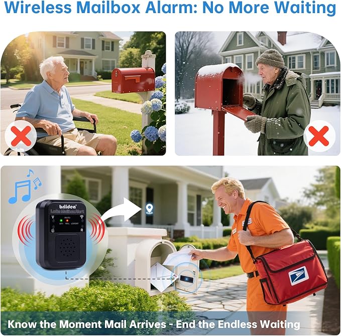 Briidea WiFi Mailbox Alert with LoRa Technology Up to 1200ft Long Range, Updated Sensing Technology Fits for Any Mailbox Type, 2.4 & 5GHz Dual-Band WiFi Compatible