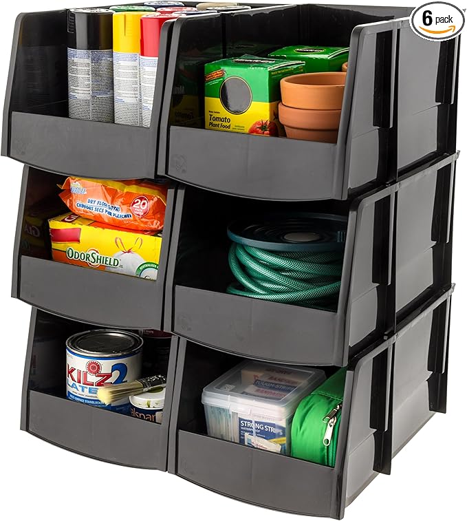 IRIS USA Stackable Storage Bins Open Front, 6 Pack, Plastic Hanging Organizer Caddy Basket for Hardware Crafts, Small Parts, Nuts and Bolts, Garage Tool Storage, Jumbo, Black