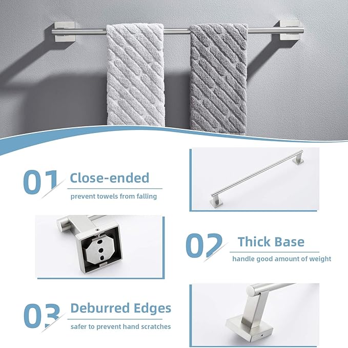Suyar Bathroom Hardware Set Brushed Nickel, 304 Stainless Steel Bathroom Accessories 4 Pieces, Include Robe Hook, Toilet Paper Holder, Hand Towel Holder, Towel Bar, Wall Mount