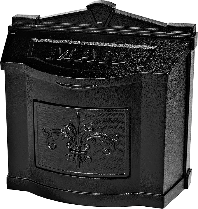 Gaines Wallmount Mailbox - Powder Coated Aluminum with Solid Brass Accents - Mounting Hardware Included (Black with Black Fleur De Lis)