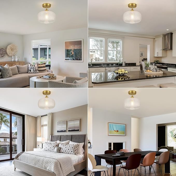 WILON Semi Flush Mount Ceiling Light Fixture, Brushed Brass Gold Light Fixture with Globe Glass Shade, Modern Vintage Ceiling Lamp for Bathroom Hallway Entryway Bedroom Nursery Laundry Room Kitchen