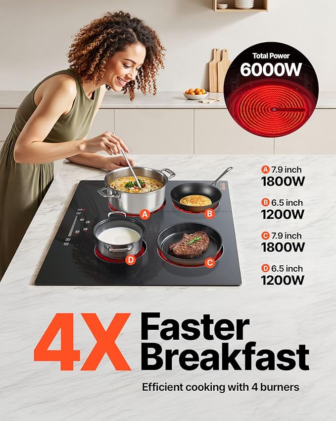 VEVOR LT4-77 Built in Electric Ceramic 23.2 x 20.5 inch Stove Top, 240V Glass Radiant Cooktop with Touch Control, Timer & Child Lock, 9 Power Levels for Simmer Steam Slow Cook Fry, 24IN 4-Burners