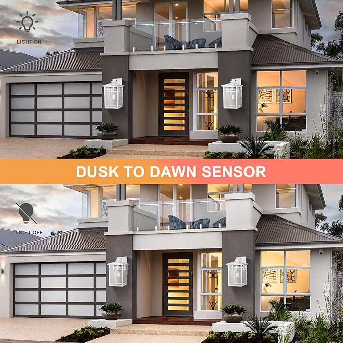 Dusk to Dawn Outdoor Light Fixture Wall Mount, Rustic Exterior Lights Fixture Wall Sconces with Seeded Glass for Front Porch, Waterproof Outdoor Wall Lantern in White Finish for Home,DDRZ009-W WH