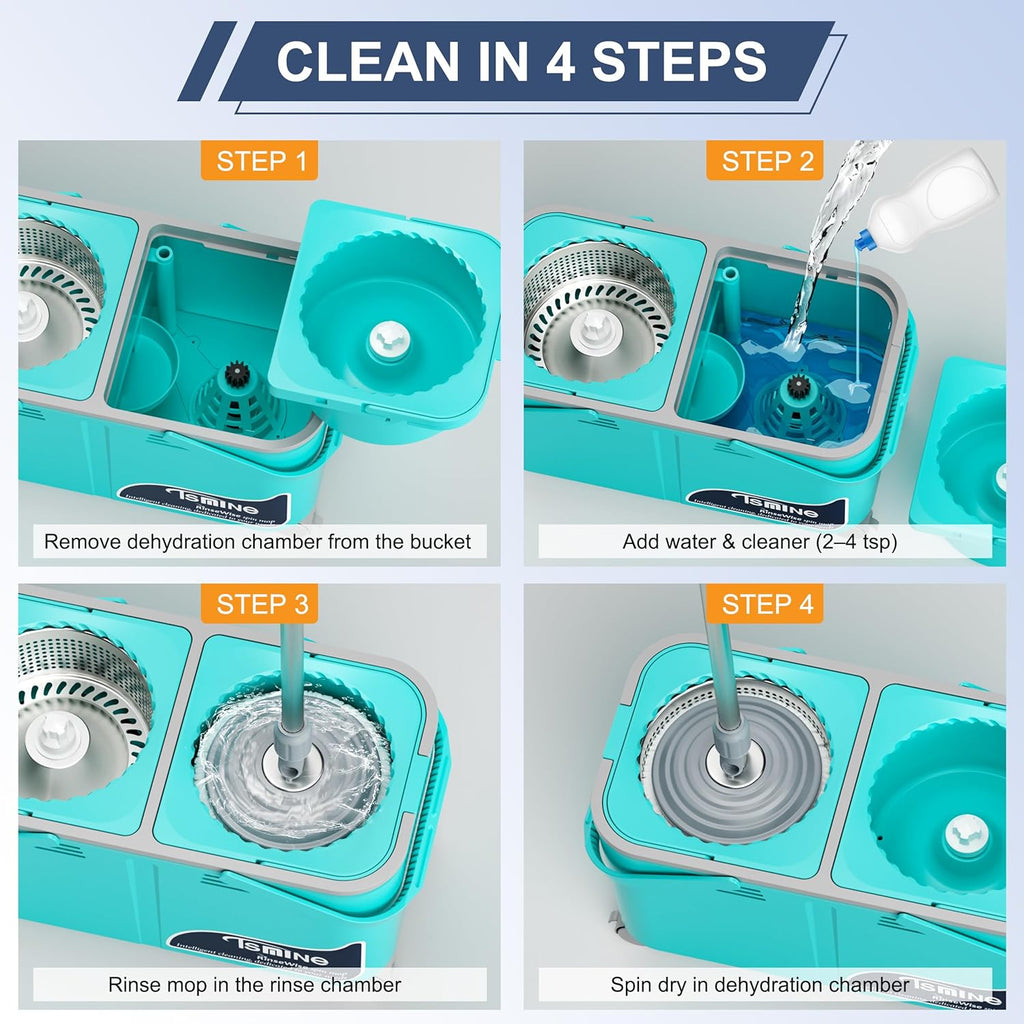 Gen 2 Smart Mop Bucket – 2025 with Wringer on Wheels,Clean & Dirty Water Separation,Spin Mop and Bucket with 1 Reusable Mop Heads, 360° Swivel Wheels for Home Cleaning-Blue