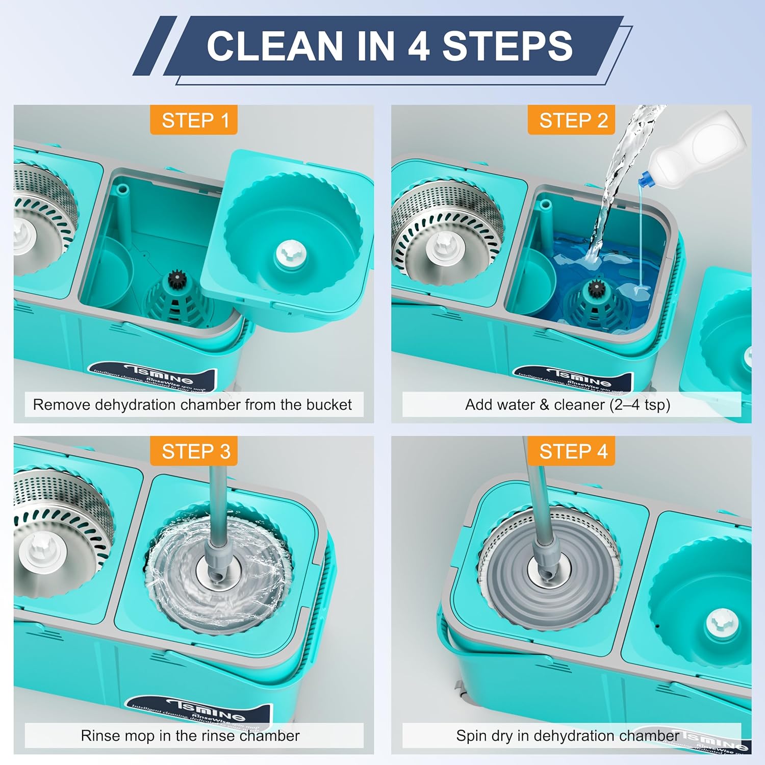 Gen 2 Smart Mop Bucket – 2025 with Wringer on Wheels,Clean & Dirty Water Separation,Spin Mop and Bucket with 1 Reusable Mop Heads, 360° Swivel Wheels for Home Cleaning-Blue