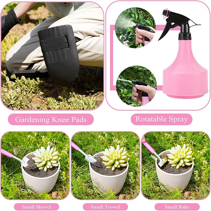 Pink Garden Tool Set Gardening Items for Women - 24PCS Heavy Duty Garden Tools with Detachable Storage Bag, Succulent Tool Set, Weeder