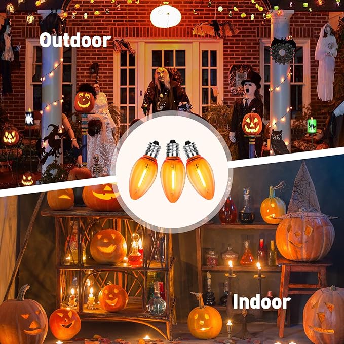 C7 LED Light Bulbs, 12 Pack Halloween Orange Outdoor String Lights Replacement Bulbs, 0.6W E12 Candelabra Base for Patio, Halloween & Christmas Party Decor