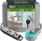 GEARit 360 Rotating Flat Plug Extension Cord with 3 Outlets (25ft, Gray) 16AWG/13A 3 Prong Wire, Outlet Saver for Home Office Dorm Room Essentials, ETL Certified