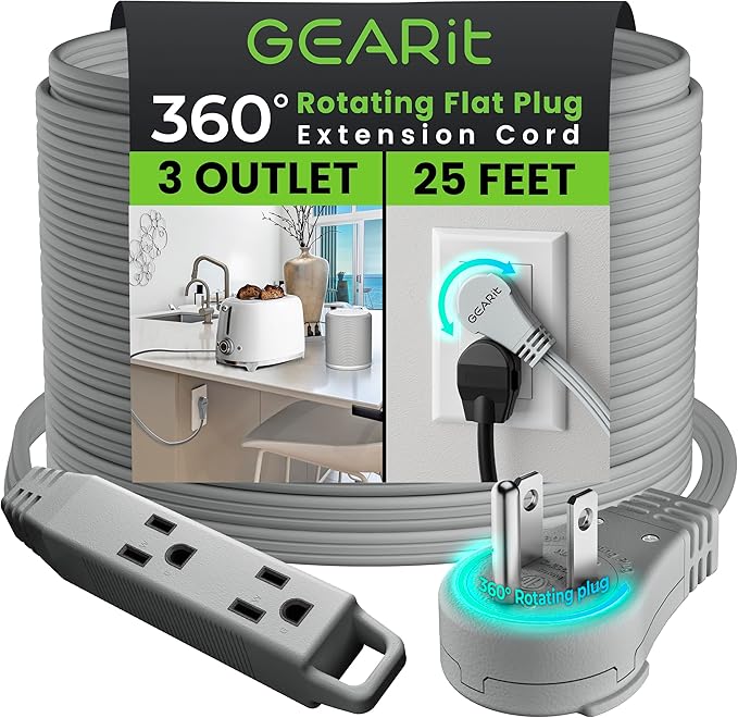 GEARit 360 Rotating Flat Plug Extension Cord with 3 Outlets (25ft, Gray) 16AWG/13A 3 Prong Wire, Outlet Saver for Home Office Dorm Room Essentials, ETL Certified
