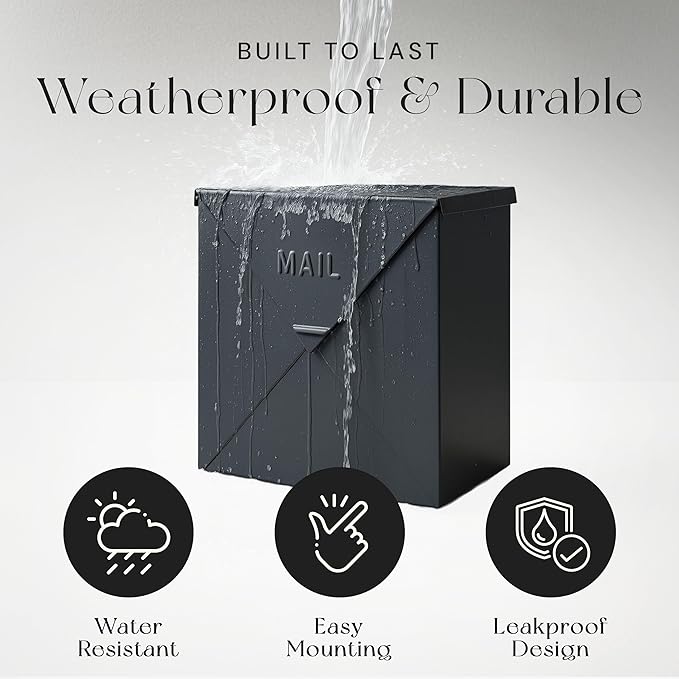 NACH Chicago Extra Large Mailbox, Rust Resistant Large Mailboxes for Outside Wall Mount, Metal Mailbox, Wall Mount Mailbox, Extra Large Capacity Mailbox, 12x12x4.8 inches, Black Mailbox, MB-6301BLK