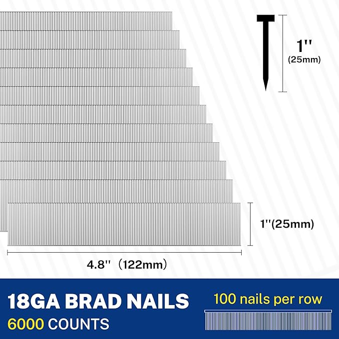 WORKPRO 1'' 18 Gauge Brad Nails, 6000 Count Finishing Nails, Universal Brad Nail Gun Nails for Pneumatic & Electric Brad Nailers