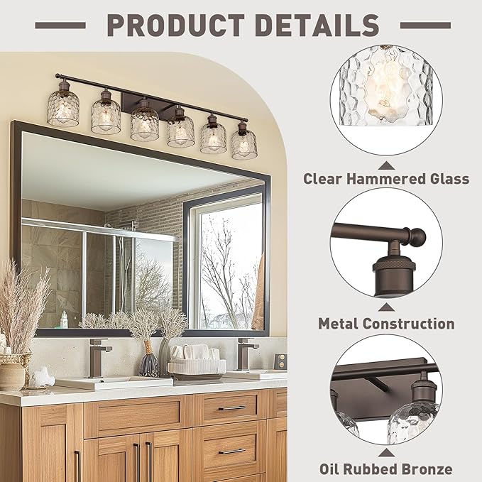 zeyu 6-Light Modern Vanity Light, 42'' Bathroom Lighting Fixtures Over Mirror, Oil Rubbed Bronze Finish with Clear Hammered Glass, ZJF63B-6W ORB