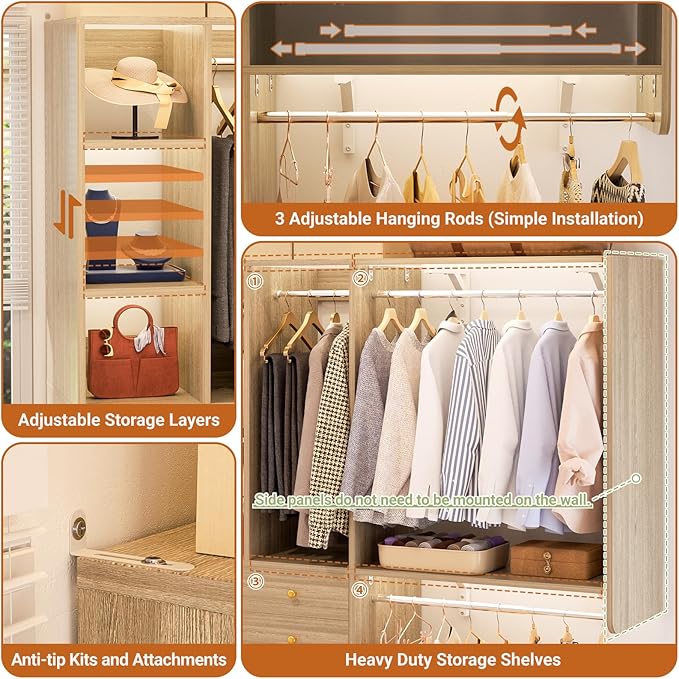 Closet System - 5FT Small Closet System with Drawers, 60" Closet Organizer System with Reversible Hanging Shelving, Closet Systems for Small/Walk-in Closets, Greige Oak