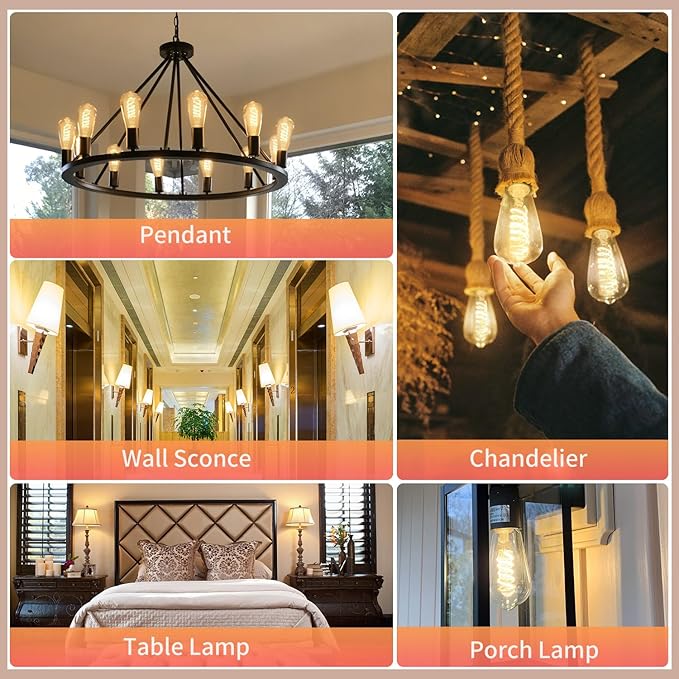 4 - Pack LED Edison Light Bulbs 60W Equivalent, Dimmable ST58 Vintage Light Bulbs, E26 Medium Base, 6W, 600LM, 2700K, 80+ CRI, Antique Decorative Filament LED Bulb.