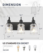 HWH INVESTMENT Bathroom Light Fixtures, 3-Light Matte Black Vanity Light, 18 Inch Wall Sconces with Bell-Shaped Clear Glass, Bathroom Wall Lights for Mirror Bedroom Hallway, 5HZG106B-3W BK